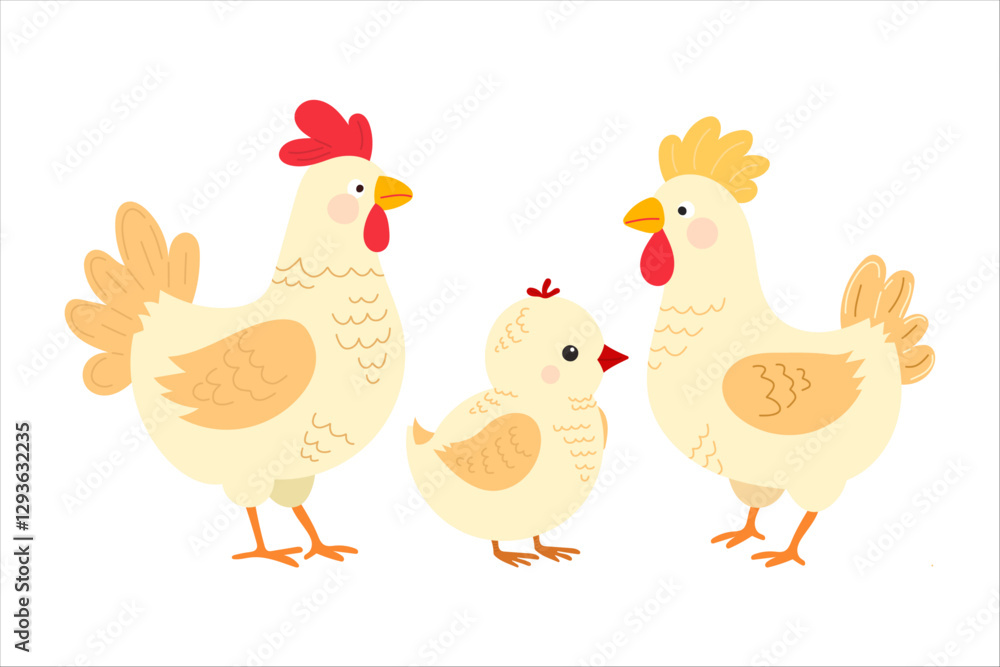 Charming vector rooster, hen, and chick on white background. Cute kids - friendly illustration in farm life cartoon character concept. For characters of children's books, stories, comics. Charming vector rooster, hen, and chick on white background. Cute kids - friendly illustration in farm life cartoon character concept. For characters of children's books, stories, comics.