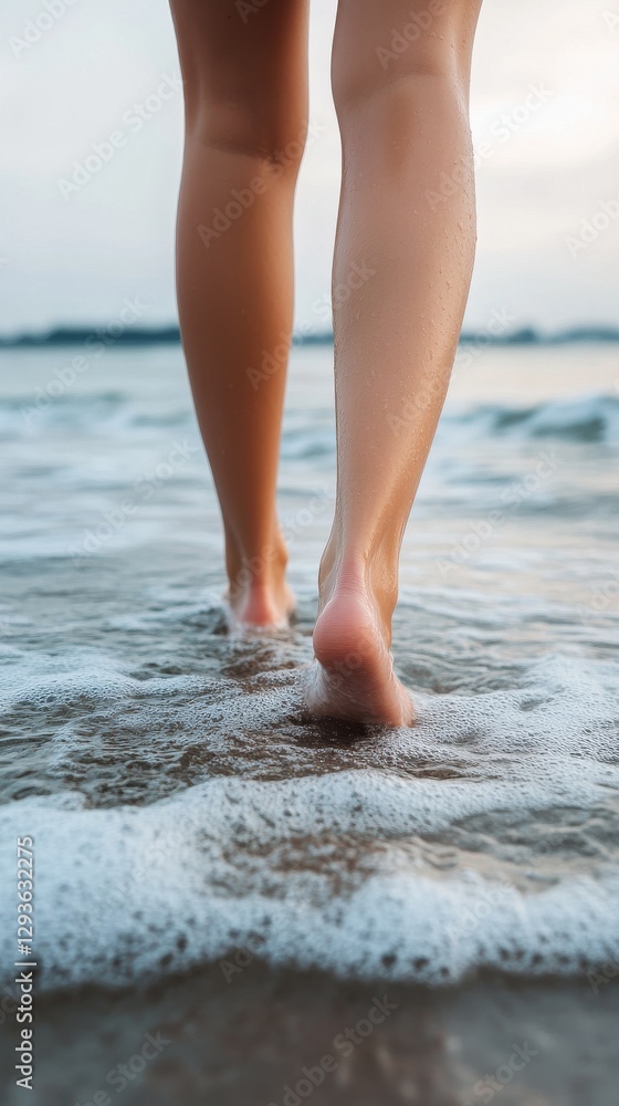 Barefoot walking on a sandy beach, with waves. Therapy and reduce stress in living and investing and doing business. Barefoot walking on a sandy beach, with waves. Therapy and reduce stress in living and investing and doing business.
