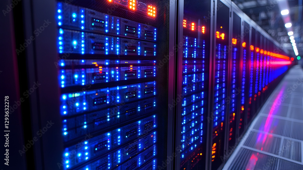 Data Center Corridor: The image captures a modern data center with rows of servers with colorful lights, showcasing the heart of modern computing and data storage. Data Center Corridor: The image captures a modern data center with rows of servers with colorful lights, showcasing the heart of modern computing and data storage.