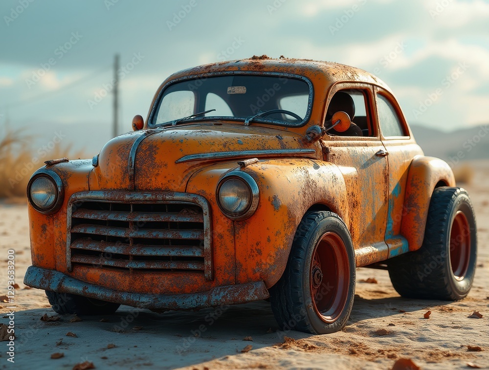 Fototapeta premium Rusty orange vintage custom car parked on sand under cloudy sky