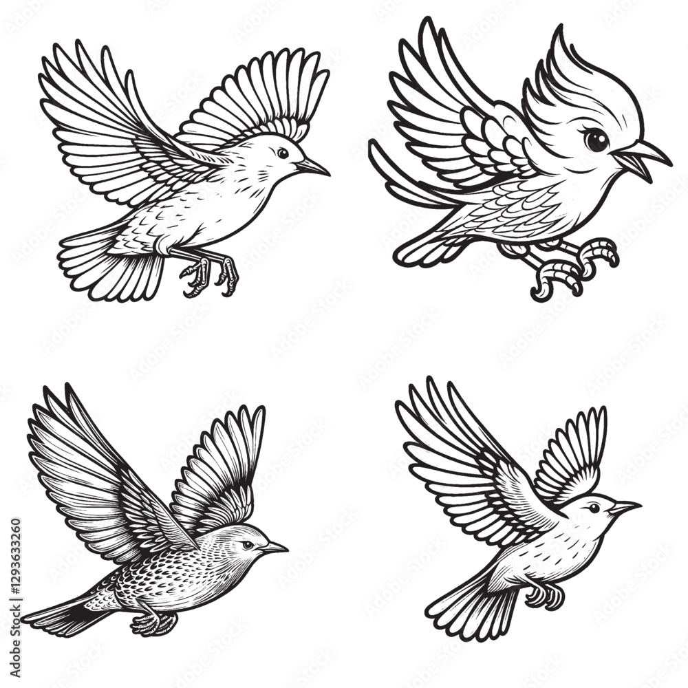 Fototapeta premium Cute Cartoonic Starling Flying Pose Outline Vector Illustrations