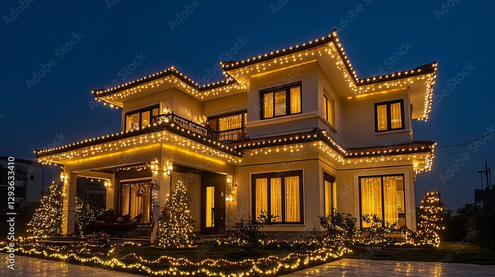 Luxury House Festive Night Illumination Warm Lights Exterior Christmas Decor Elegant Home Winter Season Nighttime Residence Building Architecture Luxury House Festive Night Illumination Warm Lights Exterior Christmas Decor Elegant Home Winter Season Nighttime Residence Building Architecture