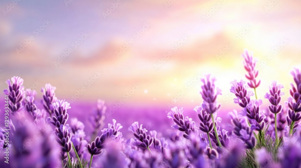Naklejka premium A blooming lavender field stretching to the horizon, golden sunlight enhancing the vibrant purple hues