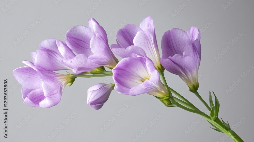 Fototapeta premium A single purple freesia stem with multiple blossoms, detailed petals and subtle shadows, isolated on a neutral gray background