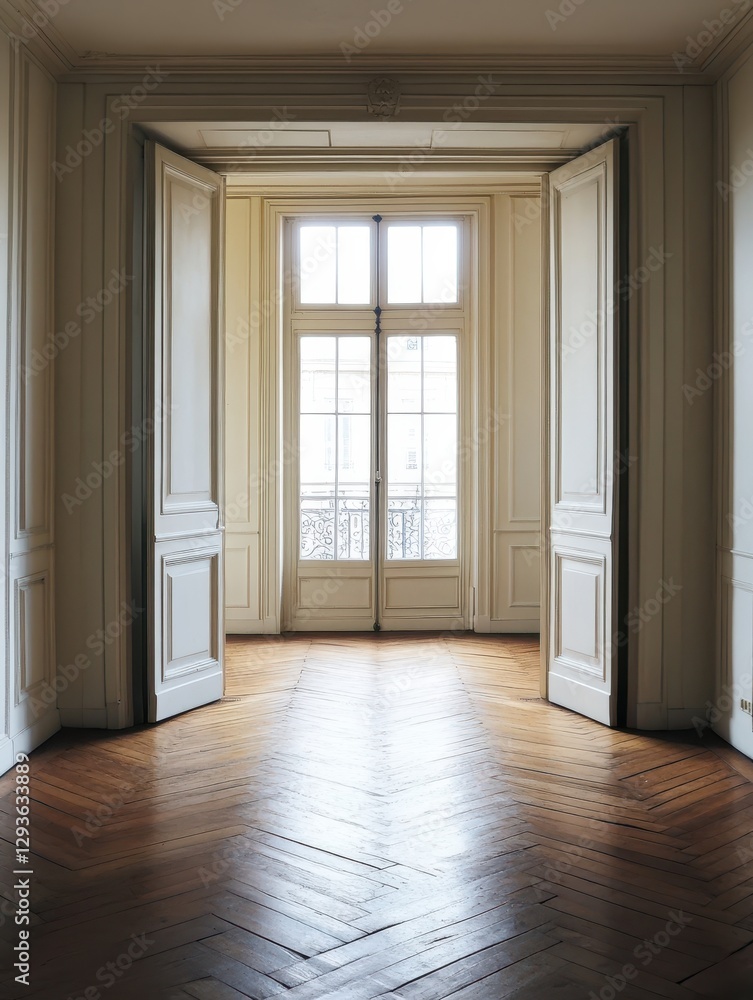 The elegant interior features a window and open doors with natural light The elegant interior features a window and open doors with natural light