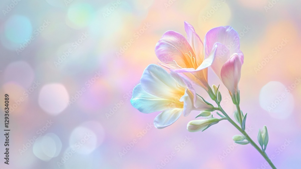 Obraz premium A surreal, dreamlike freesia bloom with iridescent petals, subtly changing color against a shifting pastel background