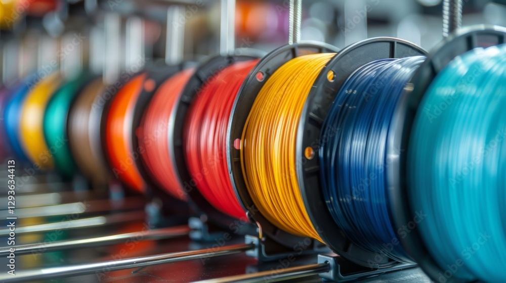 Obraz premium A collection of spools filled with vibrant 3D printing filament is neatly arranged on shelves in a bright workshop, highlighting the diversity of colors available for crafting and design.