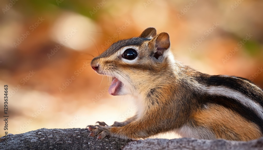 Naklejka premium Happy Surprised Chipmunk Revealing WideEyed Wonder in a Forest Meadow, Capturing Joyful Spirits amidst Autumnal Hues and Rustic Textures.