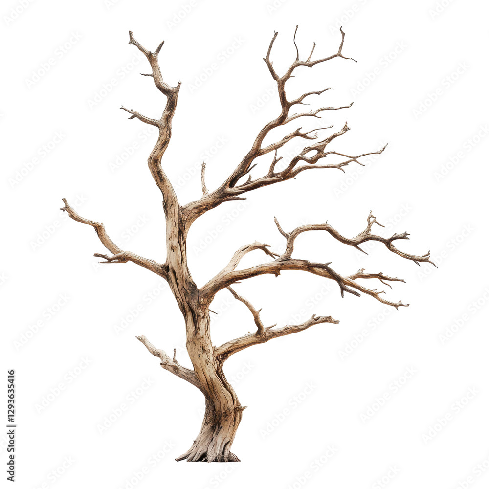 Barren tree with twisted branches, dry and weathered appearance, symbolizing resilience and solitude, natural decor element. Isolated on white background or PNG Barren tree with twisted branches, dry and weathered appearance, symbolizing resilience and solitude, natural decor element. Isolated on white background or PNG