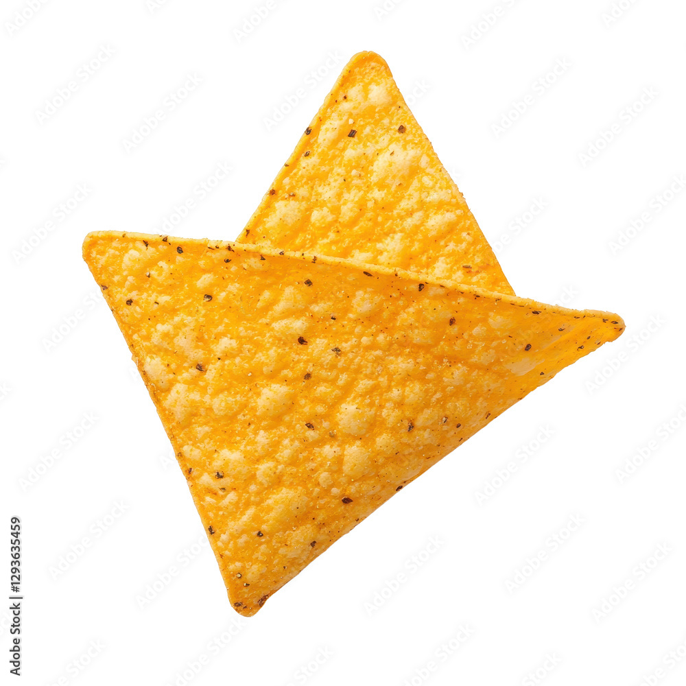 Golden tortilla chip, crispy shapes perfect for dips, casual snack idea, vibrant color, great for gatherings and parties Isolated on white background or PNG Golden tortilla chip, crispy shapes perfect for dips, casual snack idea, vibrant color, great for gatherings and parties Isolated on white background or PNG