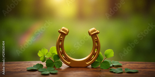 Golden horseshoe with clovers and rainbow on wooden surface
