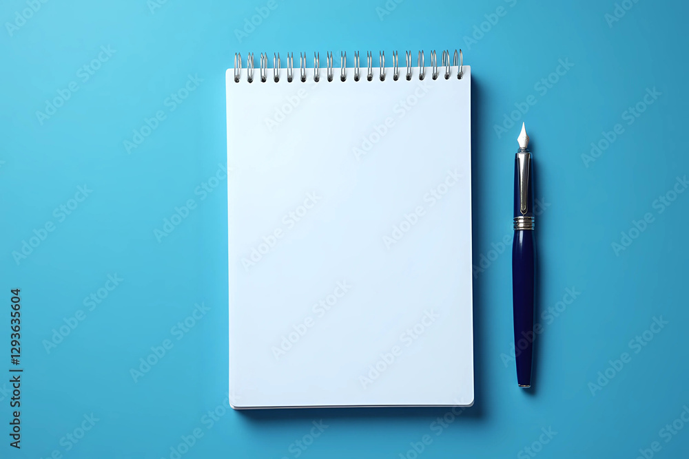 Top view of notebook and fountain pen on blue background Top view of notebook and fountain pen on blue background