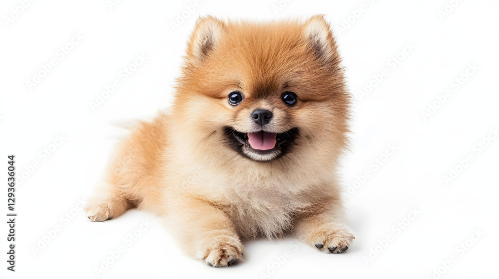 Obraz premium A cute little pomeranian dog is laying on a white background