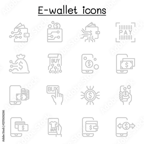 E-wallet, digital money, mobile banking icon set in thin line style