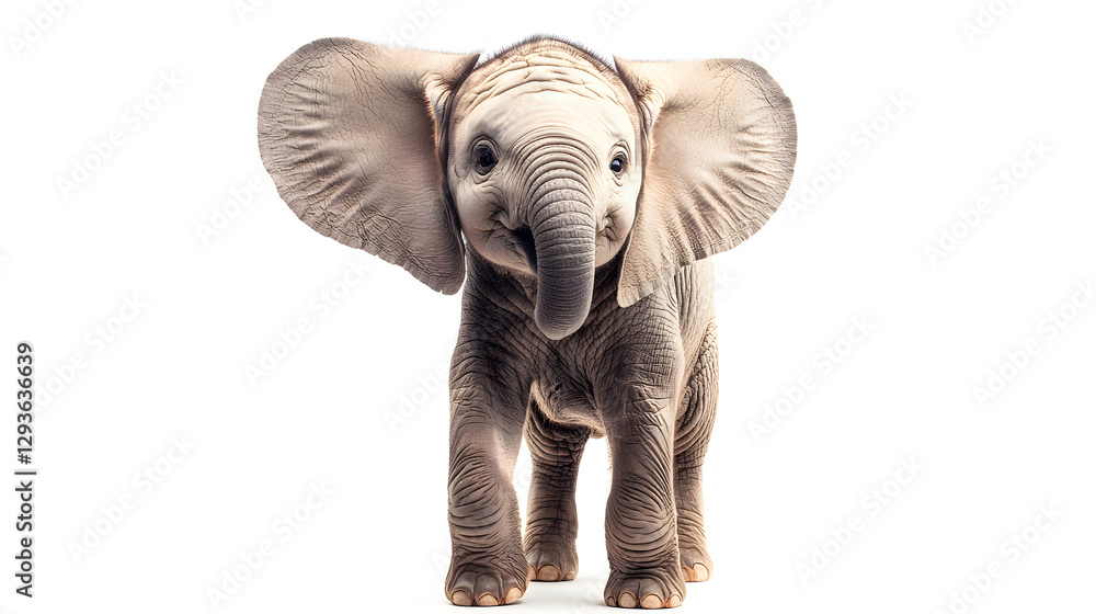Fototapeta premium A baby elephant with its trunk up and ears wide open