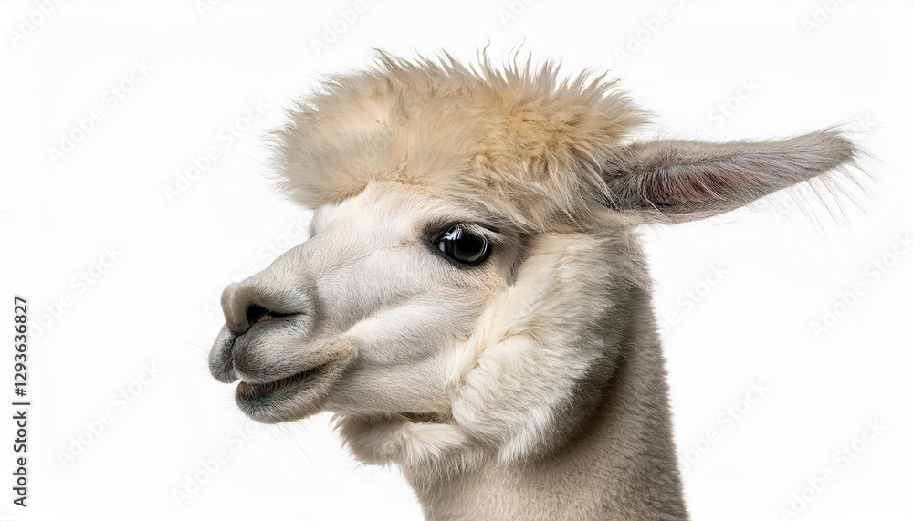 Obraz premium Isolated White NineMonthOld Alpaca Lama pacos in a Serene Highland Scene, Capturing Innocence and Softness with its Fluffy White Coat and Expressive Eyes.