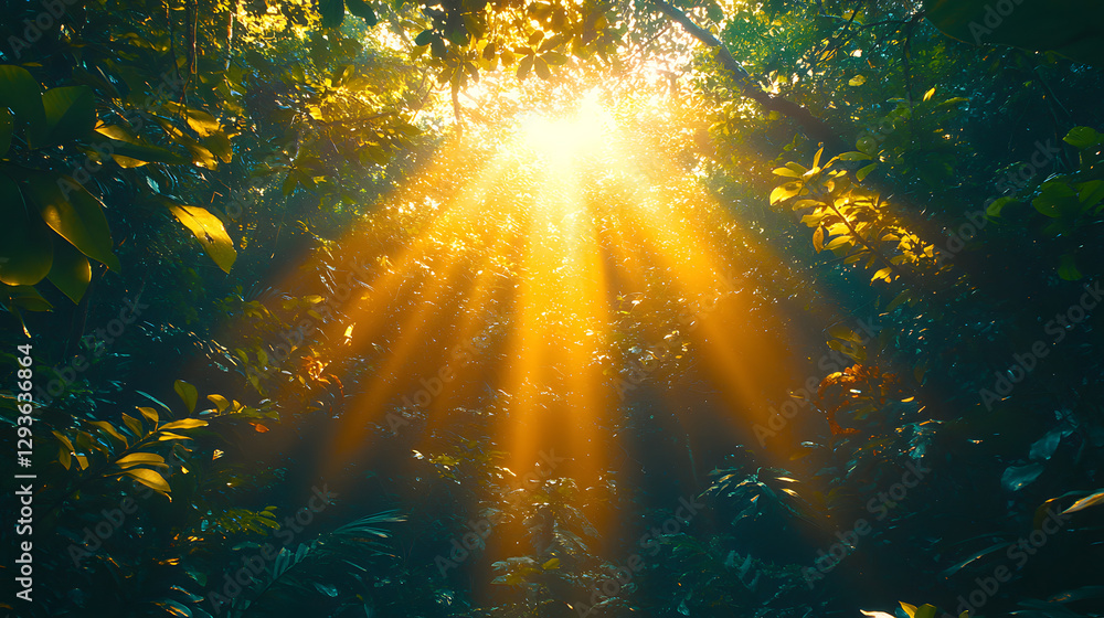 Naklejka premium Sunbeams through Canopy: Golden sunlight bursts through a dense rainforest canopy, creating a breathtaking display of light and shadow.