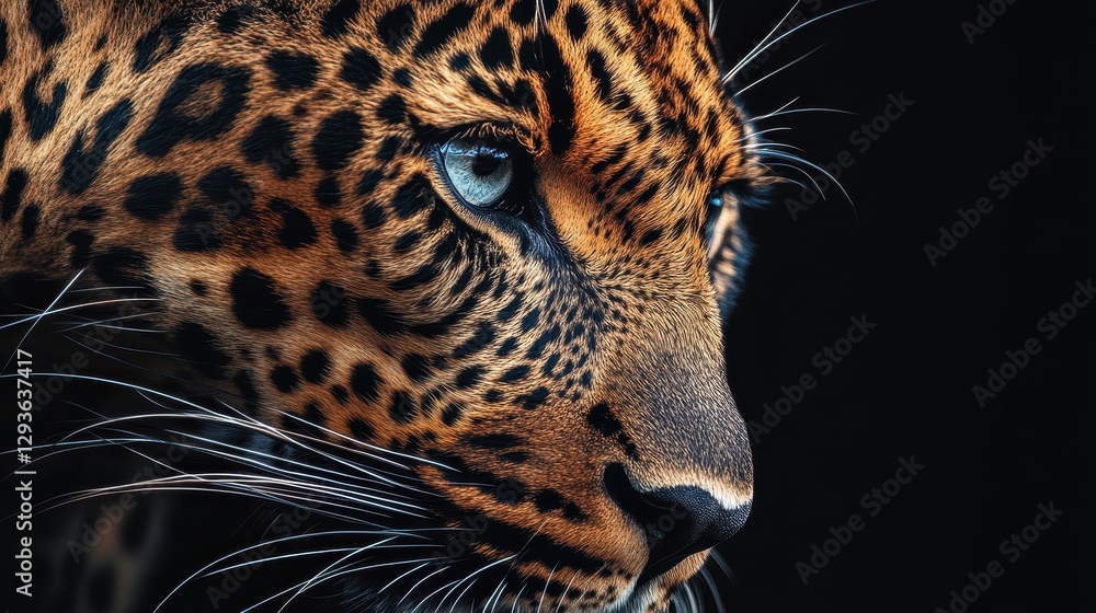 Obraz premium Close-up portrait of a majestic leopard at night, showcasing its intense gaze and intricate spotted fur against a dark background