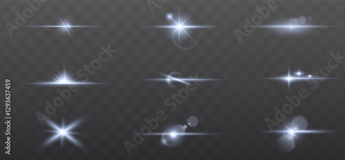 bright sunbeam light effect with blue glow, sparkles,  magic halo. Perfect for sunrise scenes, energy bursts, bokeh backgrounds, and warm cosmic or natural designs. Vector illustration.	
