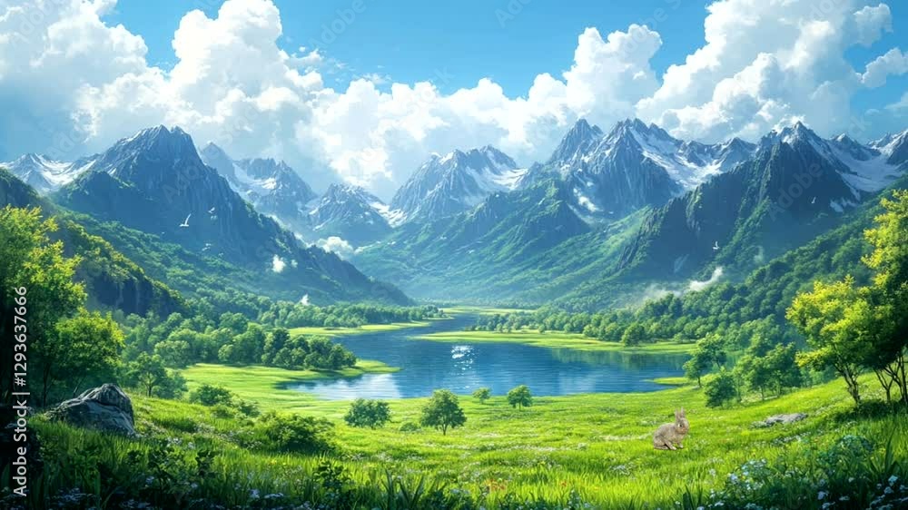 Breathtaking mountain valley with lake under blue sky and fluffy clouds seamless looping 4k time-lapse animation video background. Nature landscape concept Breathtaking mountain valley with lake under blue sky and fluffy clouds seamless looping 4k time-lapse animation video background. Nature landscape concept