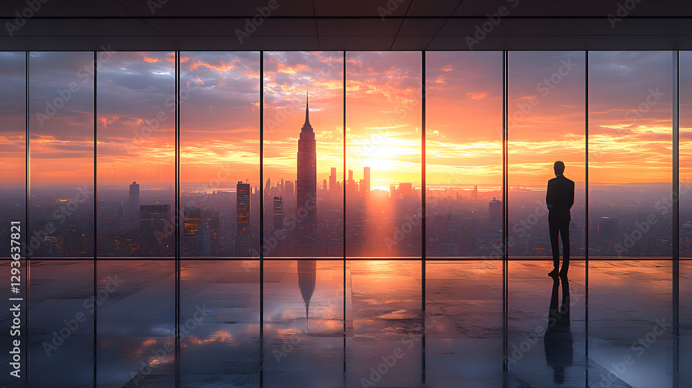 Fototapeta premium Awe-Inspiring Dawn: A solitary figure gazes at a stunning cityscape bathed in the radiant hues of a sunrise, with panoramic glass windows framing an expansive view of a modern metropolis. 