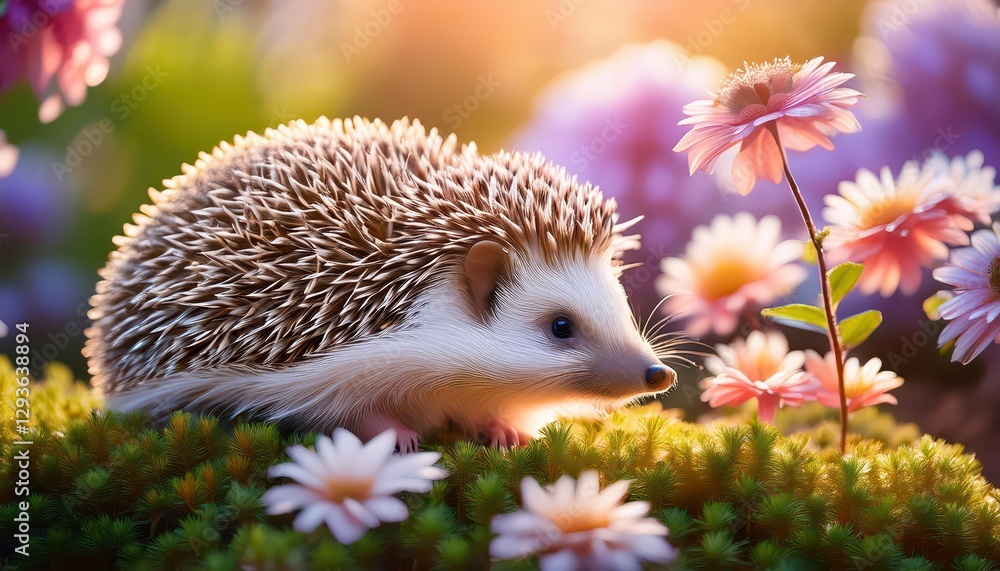 Enchanting Closeup of a Playful Hedgehog amidst a Blossoming Flower Garden, Capturing Whimsy and Joy in the Heart of Spring. Enchanting Closeup of a Playful Hedgehog amidst a Blossoming Flower Garden, Capturing Whimsy and Joy in the Heart of Spring.