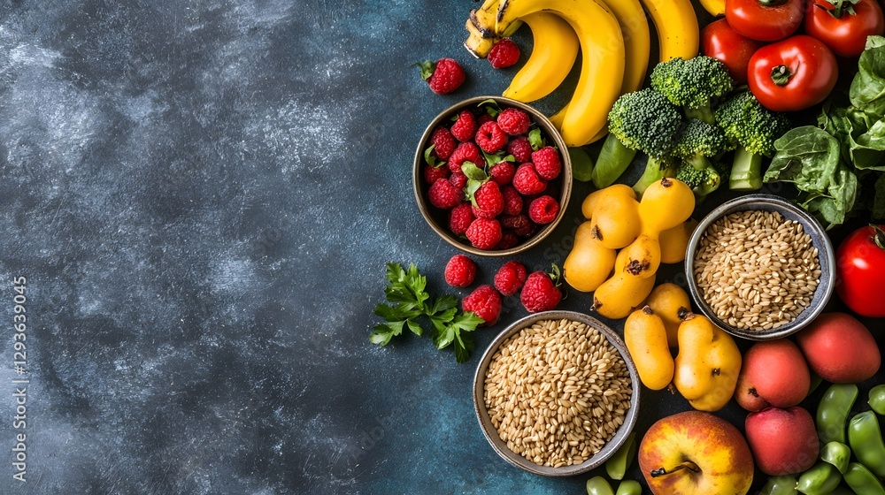 Fototapeta premium Vibrant Healthy Food Flatlay, Fruits, Vegetables, and Grains