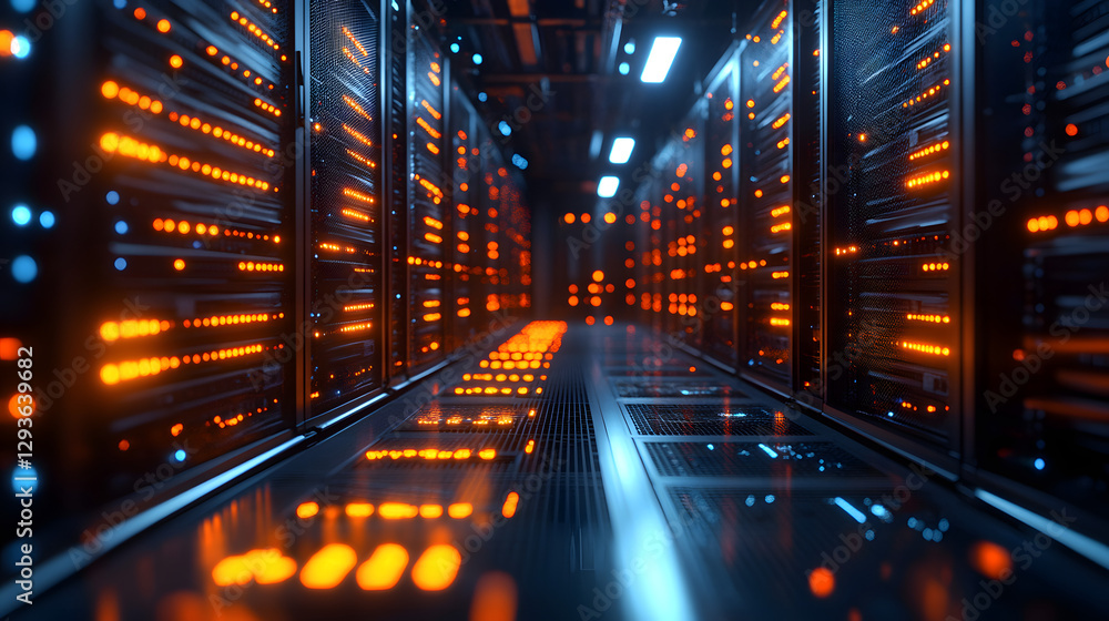 Fototapeta premium Data Center Corridor: Futuristic perspective shot showcasing a sleek data center corridor, glowing with the vibrant lights of high-tech servers.