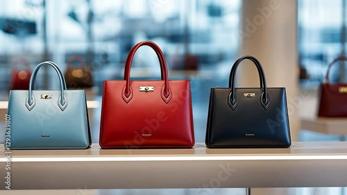 Chic Leather Handbags: Three stylish leather handbags in blue, red, and black,  arranged in a sleek and minimalist display, highlighting their  elegance and sophisticated appeal.  