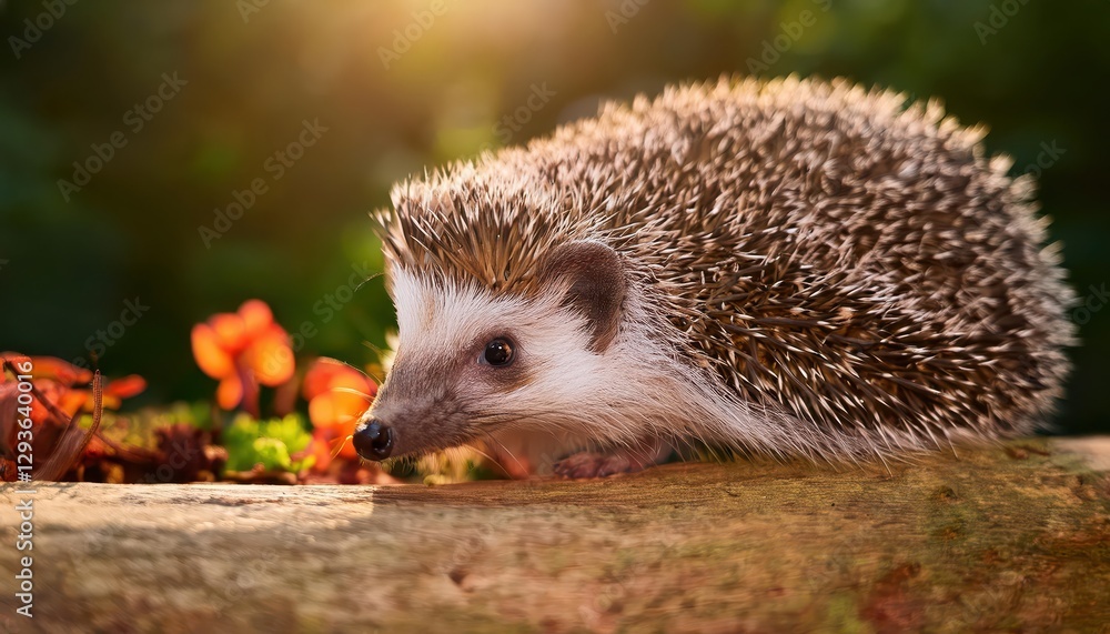 Fototapeta premium Wild Hedgehog Freely Exploring a Colorful Wildlife Haven in a Tranquil English Garden, Caught in a Moment of Innocence and Fascination