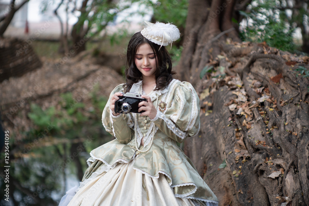 Beautiful young woman wearing vintage clothes in a beautiful old place.