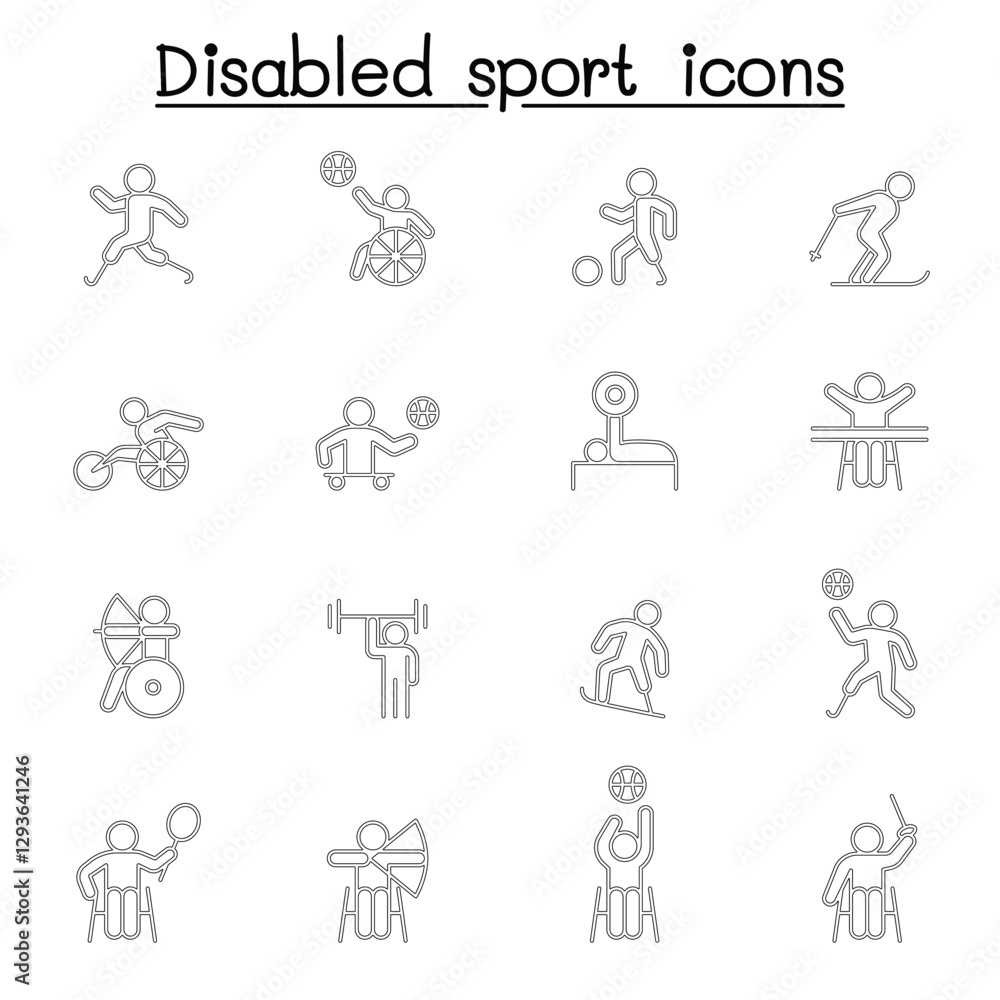 Fototapeta premium Disabled sport icons set in thin line style