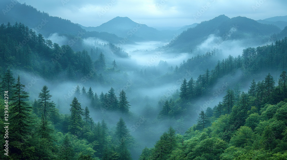 Obraz premium Misty Mountain Valley, Lush Forest