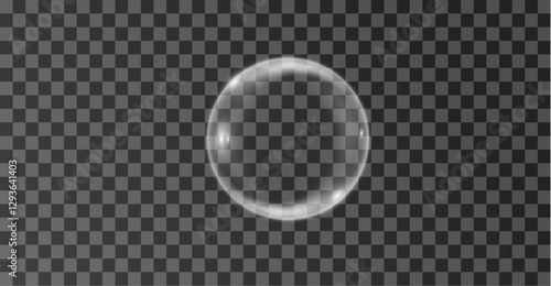 Png Glossy transparent soap bubble floating in the air, reflecting light. Delicate round sphere with a crystal-clear liquid drop effect. Shiny and clean water element, softly flying in a weightless