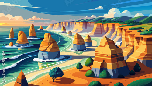 Panorama of the landmark Twelve Apostles along the famous Great Ocean Road, Victoria, Australia