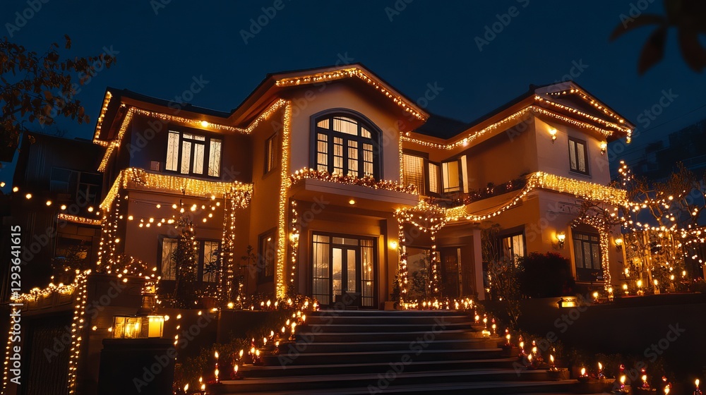 Naklejka premium Luxury House Festive Night Lights Illuminated Mansion Christmas Decor Winter Holiday Home Exterior Elegant Building Architecture Residential Property 