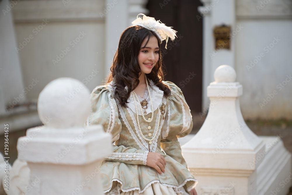 Beautiful young woman wearing vintage clothes in a beautiful old place.