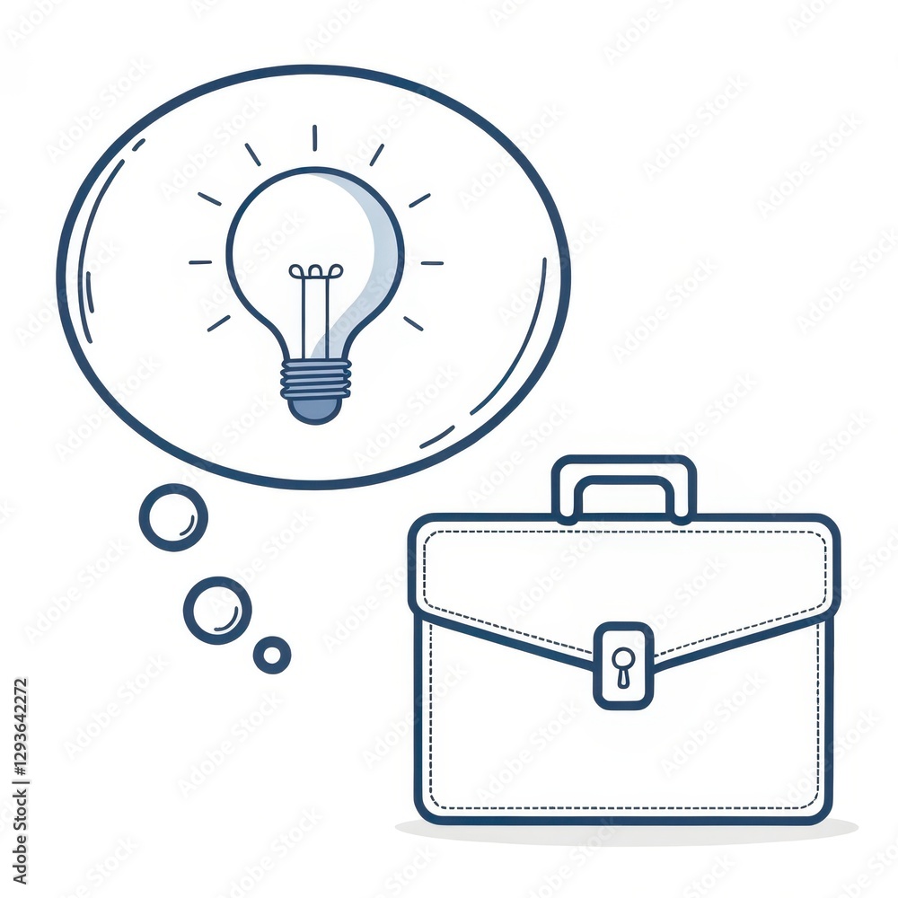 1. A light bulb inside a thought bubble next to a briefcase symbolizes ideas and business concepts. 1. A light bulb inside a thought bubble next to a briefcase symbolizes ideas and business concepts.