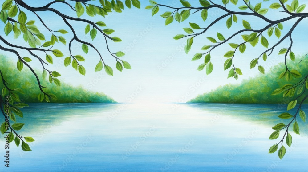 Fototapeta premium A peaceful springtime lake surrounded by trees with fresh green leaves