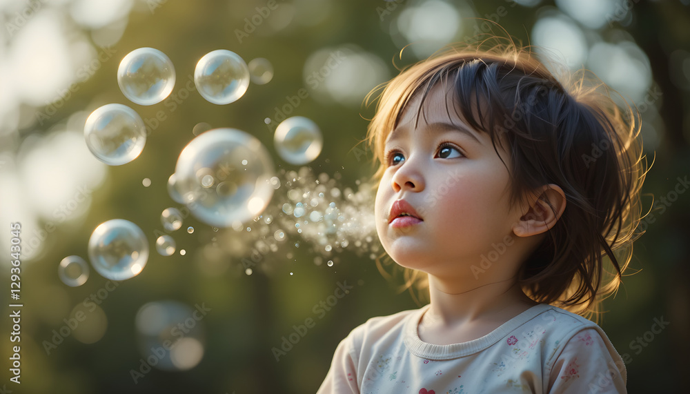 Enchanted child gazing at floating bubbles in a sunlit garden, captivated by the magic of playtime and wonder
Enchanted child gazing at floating bubbles in a sunlit garden, captivated by the magic of playtime and wonder