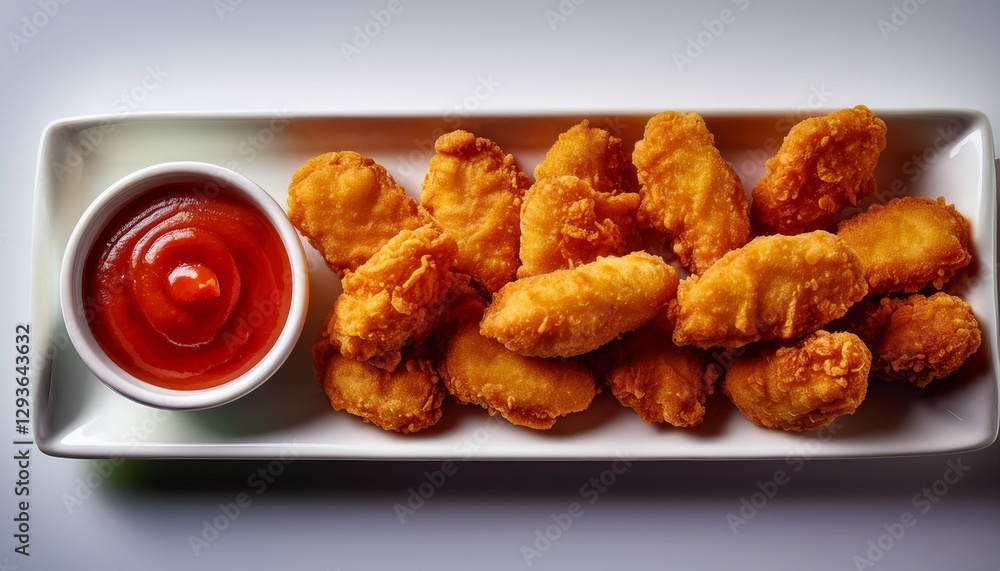 Fotografía de estudio profesional una fuente de nuggets de pollo casero crujientes, acompañados de un tazón blanco de vibrante salsa marinera roja, estilo ultrarrealista, realista, 4k Fotografía de estudio profesional una fuente de nuggets de pollo casero crujientes, acompañados de un tazón blanco de vibrante salsa marinera roja, estilo ultrarrealista, realista, 4k