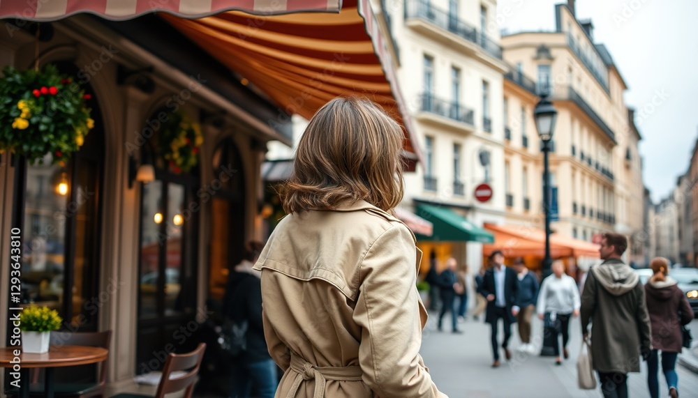 Fototapeta premium Woman in trench coat walking Parisian street