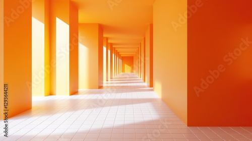 Orange corridor, sunlight, empty space, modern interior, architectural, photorealistic