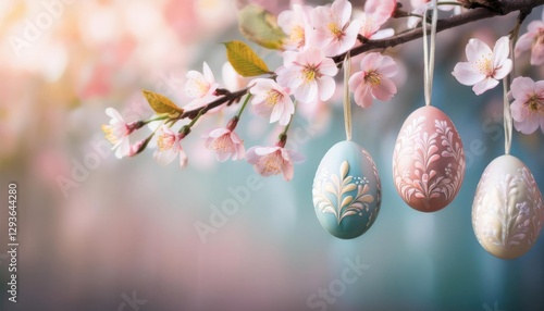 A close-up of Easter egg ornaments hanging from a blossoming branch, with a soft pastel background and ample copy space 