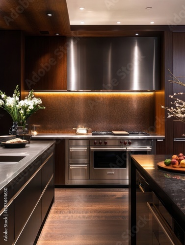 An elegant kitchen with stainless steel appliances and dark wood photo