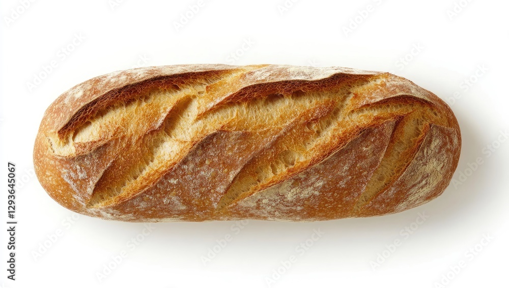 Overhead view of artisan loaf of bread on white background Overhead view of artisan loaf of bread on white background