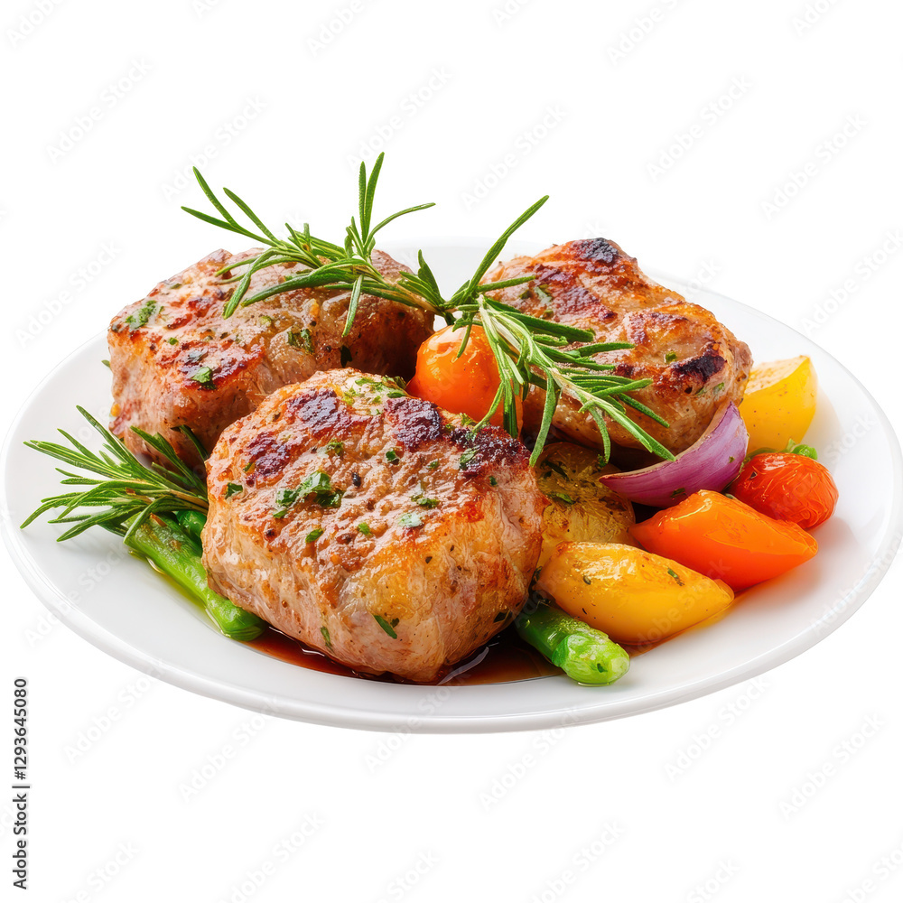 Grilled meat patties with colorful vegetables, mouthwatering dish served on a white plate, ideal for culinary presentations. Isolated on white background or PNG Grilled meat patties with colorful vegetables, mouthwatering dish served on a white plate, ideal for culinary presentations. Isolated on white background or PNG