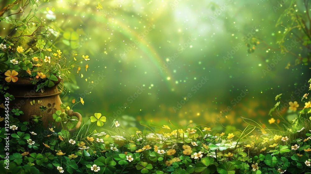 Obraz premium Enchanted Forest with Rainbow and Blooming Flowers
