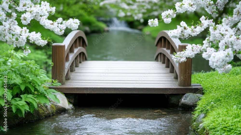 Naklejka premium A small wooden bridge over a clear spring stream, surrounded by blooming trees and lush greenery