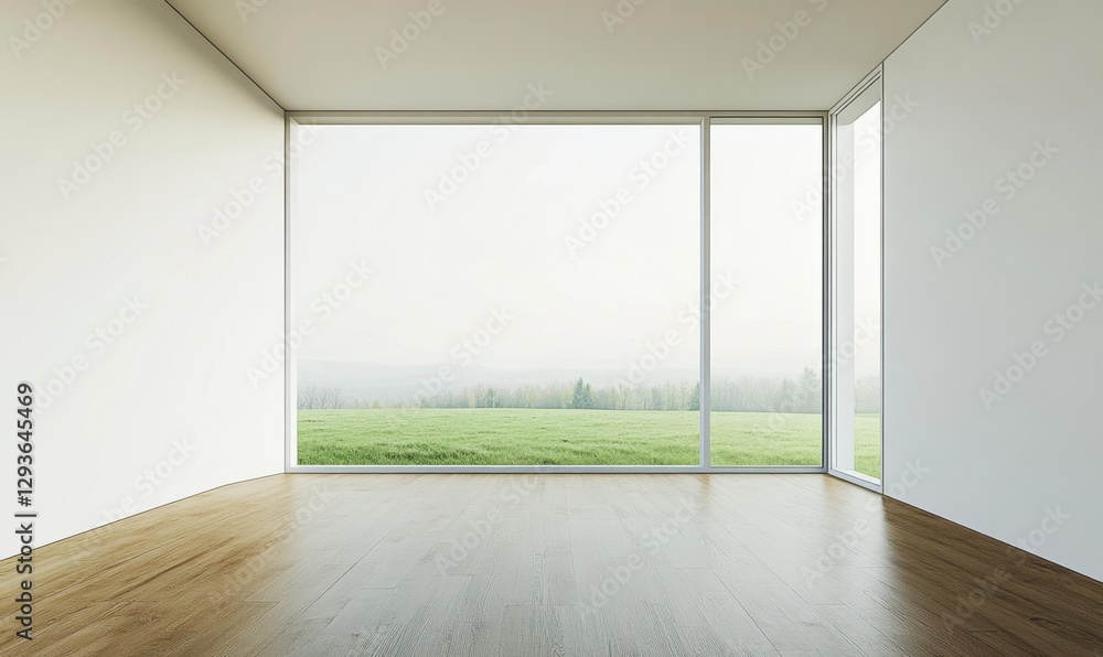 Obraz premium A large room with a window and a view of a field. The room is empty and has a lot of natural light coming in through the window